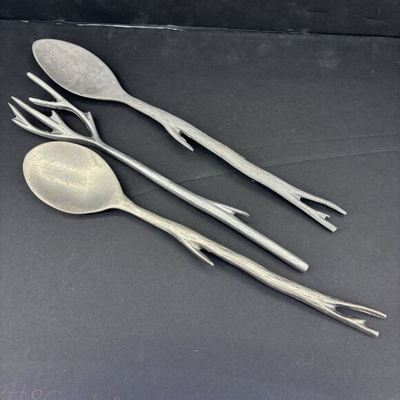 Vintage Aluminum Grey Tree Branch Twigs Serving Set Salad Mixing Spoons - Picture 1 of 16